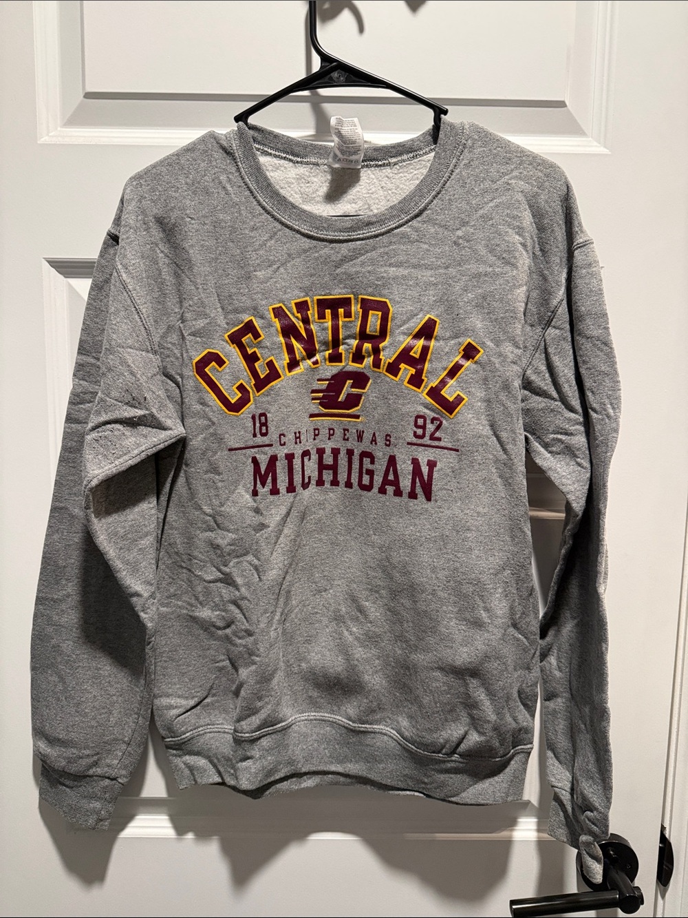 Jerzees Grey Central Michigan Crewneck with Maroon and Gold Logo